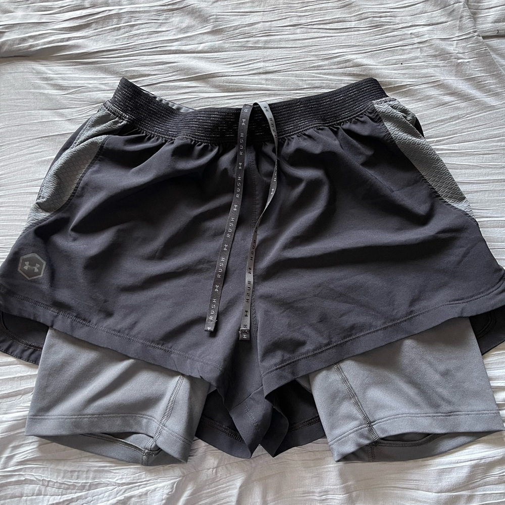 Under Armour Men's Dual-Layer Black and Gray Athletic Shorts